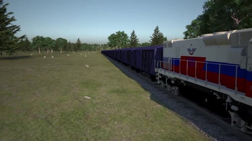 Realistic 3D Animated Freight Train Moving Through Rural Landscape