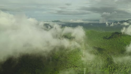 Aerial view Morning scenic on high mountains with electricity pylon.