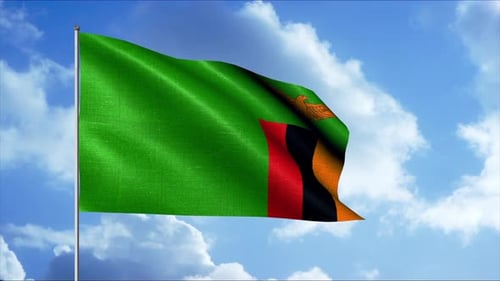 Realistic Waving Flag of Zambia Against Blue Sky