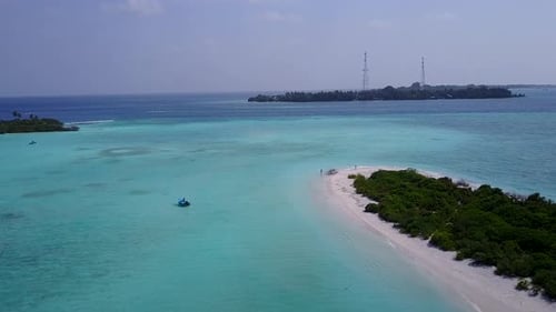 Aerial drone scenery of tropical island beach by clear ocean and sand background