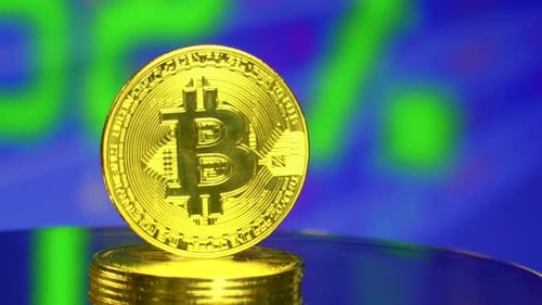 Rotating Gold Bitcoin in Bright Futuristic Setting