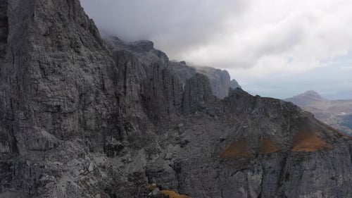 Aerial View of the Paso Gardena Pass in the Province of Bolzano. Dolomites. Flying Near the Sella