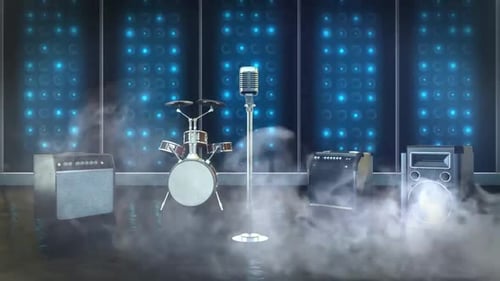 Dynamic Stage Setup with Music Instruments, Lighting, and Smoke Effects