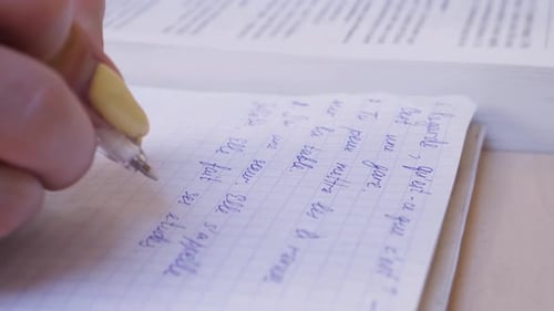 Weibliche Hand macht Notizen im Notizbuch, während sie Französisch lernen