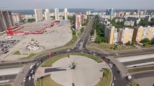 Aerial Panoramic Shot of Modern City with Car Traffic and Buildings