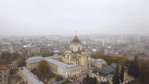 Aerial view of the Saint George's Cathedral in Lviv, Ukraine