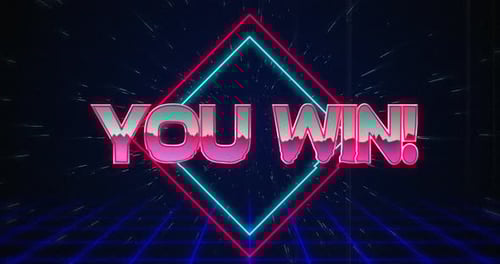 Retro You Win text glitching over blue and red squares 4k