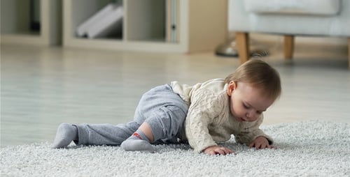 Infant Crawls, Stands Up, Looks at Camera