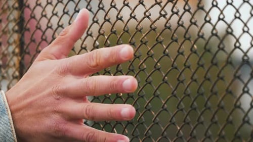 Man hand moving along the surface of grid. Fingers of young male touching metal wire fence. Close up
