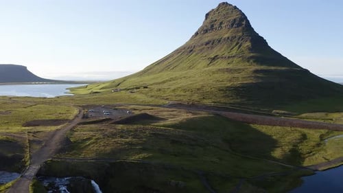 Picturesque Landscape Of Kirkjufell Green Mountain During Summer In Iceland. - aerial