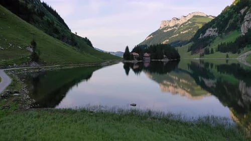 Flying Over the Seealpsee Lake in the Appenzell Alps, Switzerland