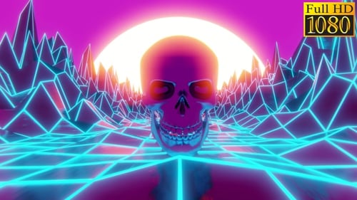 Retro Synthwave Skull Neon Grid Animated Landscape Loop