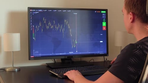 Young Adult Analyzing Stock Market Data on Computer