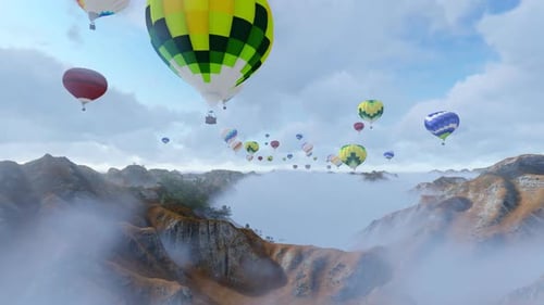Hot Air Balloons Flying Over Scenic Misty Mountains and Clouds