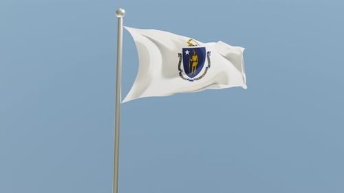 Massachusetts State Flag Waving Animation Against Blue Sky