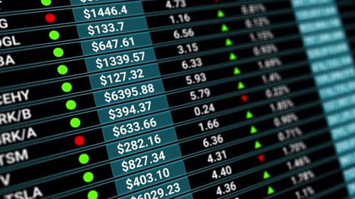 Digital Tableau of Stock Market Values, Companies Indexes Evolving, Growing and or Shrinking.