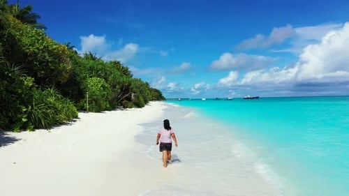 Single lady suntans on relaxing island beach adventure by turquoise ocean with white sandy backgroun