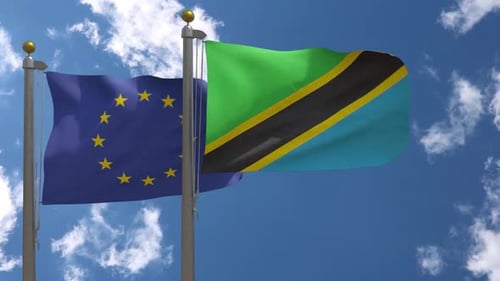 European Union and Tanzania Flags Waving in the Wind