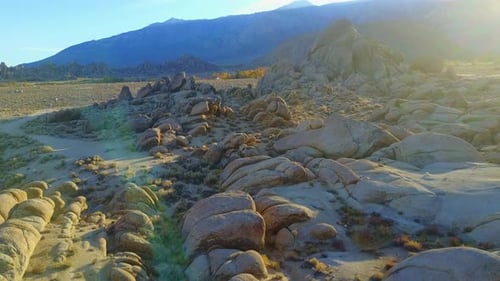 Scenic aerial drone view of a rocky desert landscape.