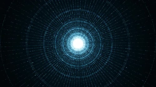 Blue circle shape and light beam with digital line technology abstract background loop video