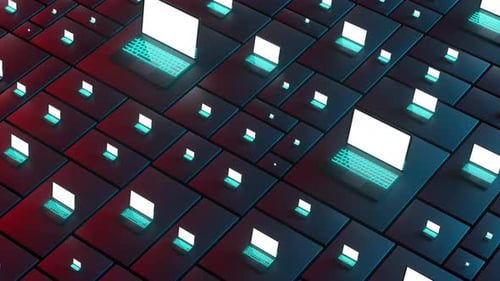 Set of many open laptops with shiny screens and red and blue light. 4k animation, infinite loop