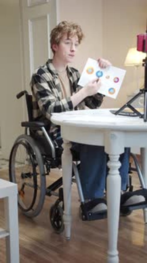 Young Adult in Wheelchair Presenting Data Online