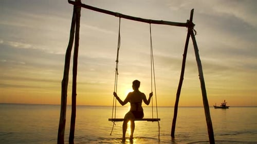 Girl on a Swing By the Seashore on Sunset
