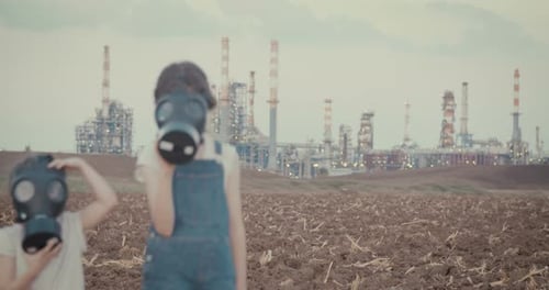 climate change crisis. Kids wearing gas masks near an oil refinery