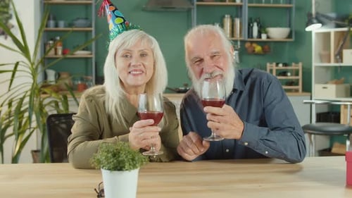 Festive Senior Couple Celebrating with Wine Indoors