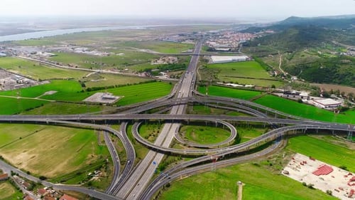 Aerial View of Complex Highway Interchange, Rural Landscape