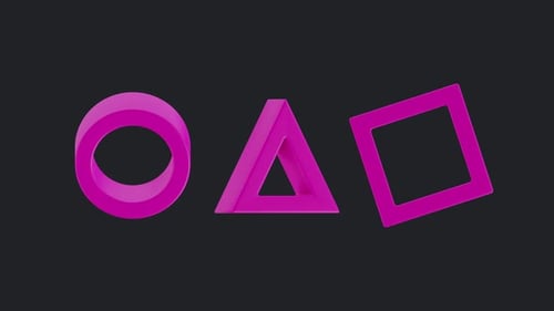 Animación abstracta de círculo, triángulo, símbolo cuadrado. Ilustración isométrica 3d sobre fondo negro