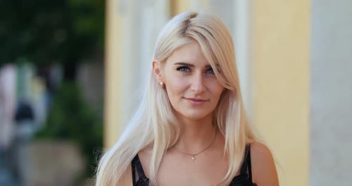 Portrait Young Attractive Smile Woman Look at Camera at City Feel Happy Fashion Girl Summer Face