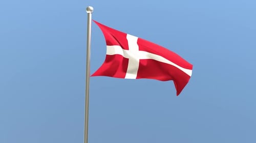 Denmark Flag Waving on Pole Against Blue Sky