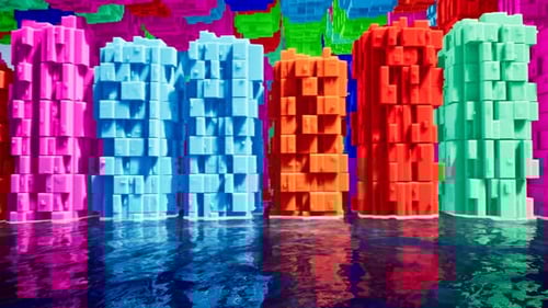 Dynamic Colorful Geometric Blocks Reflected in Liquid Animation