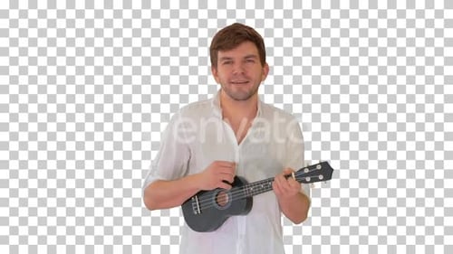 Young man playing ukulele and signing, Alpha Channel