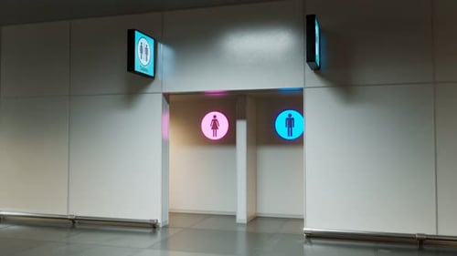Public toilets at the airport terminal or other station. Woman. Man. WC. 4k HD