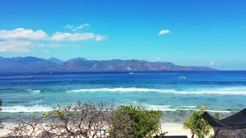 Aerial texture of beautiful bay beach voyage by aqua blue lagoon and bright sandy background of a da