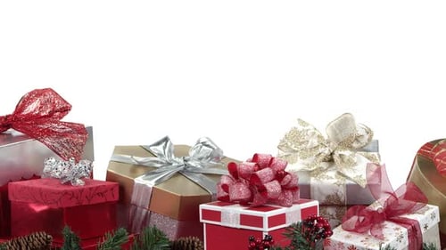 Panning view of gifts against white screen