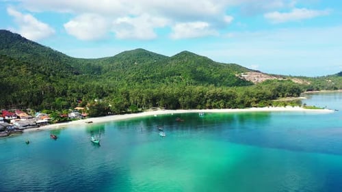Daytime birds eye island view of a summer white paradise sand beach and blue sea background in best
