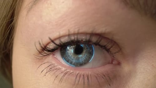 Brown Eye Girl mit futuristischer Software-Oberfläche. Nahaufnahme