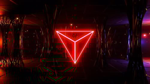 3D-анимация 4K Looped, бесшовные абстрактные светящиеся неоновые лампы с неоновым треугольником в киберпространстве