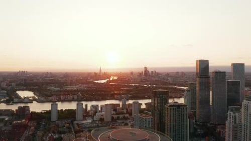 Aerial Panoramic Footage of City in Sunset Time