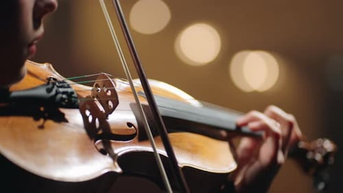 Closeup View of Violin in Hands of Female Player Woman Violinist in Opera House Classic Music