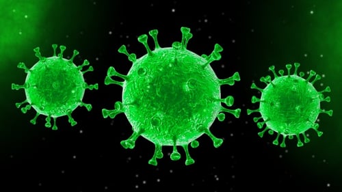 Animated Green Virus Cells Rotating in Scientific Background