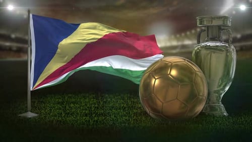 Waving Seychelles Flag with Golden Soccer Ball and Silver Trophy