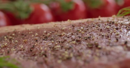 Close-Up of Seasoned Raw Meat with Vegetables