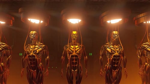 Golden Androids Charging in Futuristic Sci-Fi Lab
