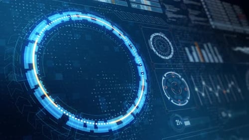 Head-up-Display-Technologie, Schnittstellenbildschirm mit futuristischen 3D-Elementen, Diagramm und Chat-Panel