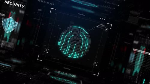 Futuristic Fingerprint Scan and Cybersecurity HUD Animation