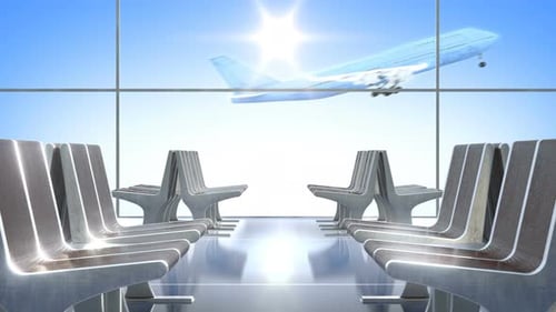 Passenger Airplane Taking off As Seen from Departure Hall